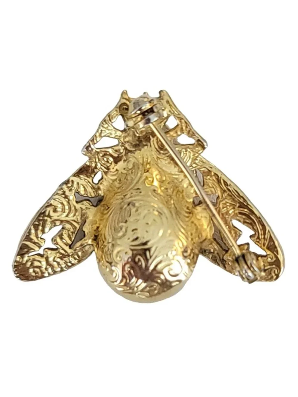 1928 Brand Gold Tone Black Clear Glass Rhinestone Bug Brooch Pin, K345